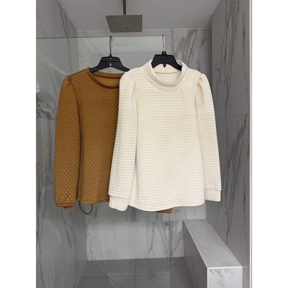 2 Tops, Long Sleeves, White, Brown, Large